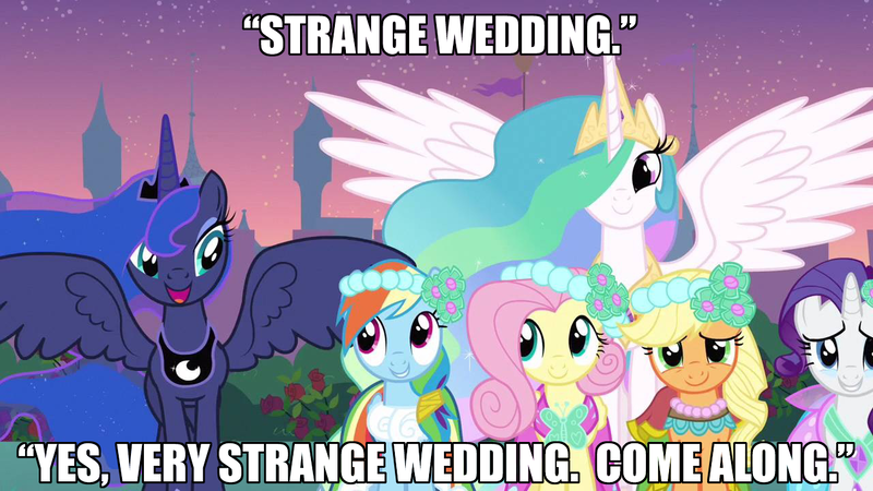 Size: 1280x720 | Tagged: a canterlot wedding, alternate hairstyle, applejack, bridesmaid dress, caption, clothes, derpibooru import, dress, edit, edited screencap, fluttershy, image macro, princess celestia, princess luna, rainbow dash, rarity, safe, screencap, spread wings, text, the princess bride, wings