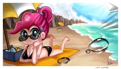 Size: 1050x600 | Tagged: artist:chch, bikini, clothes, derpibooru import, human, humanized, ocean, pinkie pie, safe, solo, summer, sunglasses, swimsuit