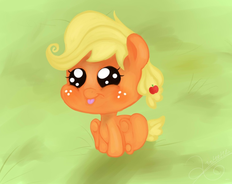 Size: 3425x2716 | Tagged: safe, artist:falloutmuse, derpibooru import, applejack, foal, sitting, solo, tongue out
