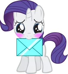 Size: 854x935 | Tagged: safe, artist:purezparity, derpibooru import, rarity, pony, unicorn, blushing, crush, female, filly, letter, mouth hold, simple background, solo, transparent background, vector