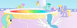 Size: 4606x1692 | Tagged: suggestive, artist:bluemeganium, derpibooru import, cloud kicker, lightning bolt, merry may, parasol, rainbowshine, spring melody, sprinkle medley, sunshower raindrops, white lightning, pegasus, pony, background pony, bedroom eyes, blushing, eyes closed, female, implied sex, lesbian, mare, rainbow, sex, sex in the water, shipping, spread wings, sprinkleshine, swimming pool, tongue out, under the surface, weather factory, wet, wet wings, wingboner, wings