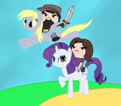 Size: 2288x2000 | Tagged: arin hanson, artist:jforce55, crossover, derpibooru import, derpy hooves, egoraptor, game grumps, human, jontron, rarity, safe, sword, weapon