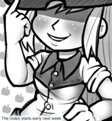 Size: 600x650 | Tagged: safe, artist:livesmutanon, derpibooru import, applejack, human, comic:based anon, equestria girls, /mlp/, humanized, monochrome, solo