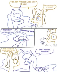 Size: 728x918 | Tagged: artist:the weaver, bedroom eyes, comic, derpibooru import, dialogue, doctor horse, doctor stable, eye contact, female, flirting, floppy ears, grammar nazi, imminent sex, looking at each other, magic, male, open mouth, princess luna, seduction, shipping, simple background, stableluna, straight, suggestive, sweat, telekinesis, white background, wide eyes