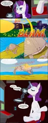 Size: 850x2174 | Tagged: safe, artist:deusexequus, derpibooru import, rarity, crab, giant crab, pony, unicorn, cannon, comic, death, female, food, mare, rarity fighting a giant crab, sitting, tea