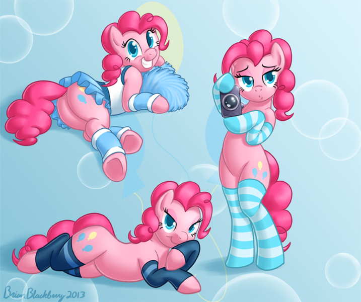 Size: 779x652 | Tagged: suggestive, artist:brianblackberry, derpibooru import, pinkie pie, pony, adorasexy, balloonbutt, bedroom eyes, bipedal, bottomless, butt, camera, cheerleader, cheerleader pinkie, clothes, cute, diapinkes, dock, hooves, multeity, partial nudity, pinup, plot, pose, sexy, skirt, socks, solo, striped socks, sultry pose, underhoof, upskirt