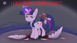 Size: 1024x576 | Tagged: grimdark, artist:mafon, derpibooru import, edit, twilight sparkle, twilight sparkle (alicorn), alicorn, pony, alicorn drama, amputation, blood, creepypasta, de-winged, drama, female, mare, sad, self harm, shears, solo, zalgo