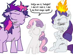 Size: 800x600 | Tagged: angry, artist:the weaver, derpibooru import, fire, magic, pyro belle, pyrokinesis, rarity, safe, simple background, sweetie belle, this will end in tears, twilight sparkle, white background