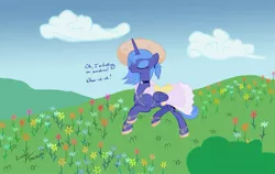 Size: 1425x900 | Tagged: alternate hairstyle, artist:lunarapologist, choker, clothes, derpibooru import, dress, eyes closed, flower, hat, katrina and the waves, meadow, messy mane, open mouth, princess luna, s1 luna, safe, sandals, singing, smiling, solo, sundress, trotting, walking on sunshine