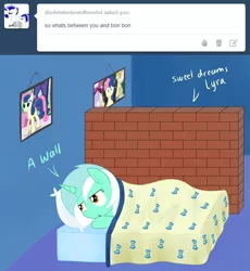 Size: 1280x1390 | Tagged: safe, artist:mcsadat, derpibooru import, bon bon, lyra heartstrings, sweetie drops, earth pony, pony, unicorn, ask lyra pony, ask, bed, duo, lyra is not amused, tumblr, unamused, wall