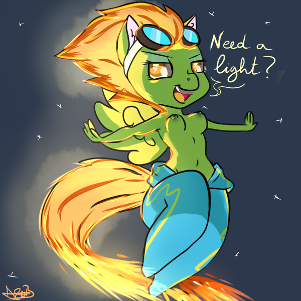 Size: 900x900 | Tagged: anthro, artist:arnachy, breasts, chibi, clothes, derpibooru import, female, fire, flying, glow, night, nipples, nudity, partial nudity, questionable, solo, solo female, spitfiery, spitfire, spitfire's hair is fire, starcraft, topless, unguligrade anthro, wonderbolts