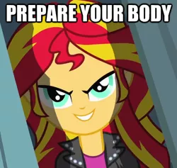 Size: 496x470 | Tagged: safe, derpibooru import, sunset shimmer, equestria girls, equestria girls (movie), caption, image macro, rapeface, solo, text