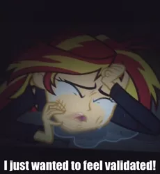 Size: 480x522 | Tagged: safe, derpibooru import, sunset shimmer, friendship is witchcraft, equestria girls, equestria girls (movie), caption, crying, image macro, lunar slander, solo, text
