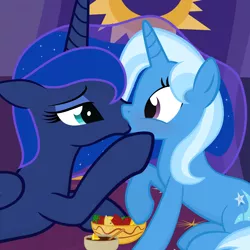 Size: 1400x1400 | Tagged: artist:the smiling pony, derpibooru import, female, kissing, lesbian, luxie, princess luna, safe, shipping, trixie