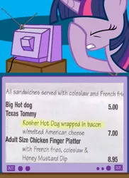 Size: 562x771 | Tagged: bacon, derpibooru import, exploitable meme, facehoof, fail, food, hot dog, meat, meme, menu, obligatory pony, safe, sausage, tv meme, twilight sparkle