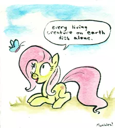 Size: 518x577 | Tagged: safe, artist:mumbles, derpibooru import, fluttershy, butterfly, pegasus, pony, prone, smiling, solo, speech bubble