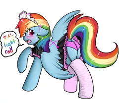 Size: 1280x1067 | Tagged: suggestive, artist:azure-doodle, derpibooru import, rainbow dash, pegasus, pony, blushing, clothes, costume, dialogue, dress, dressup, embarrassed, female, looking back, maid, mare, open mouth, panties, pink underwear, rainbow dash always dresses in style, raised hoof, simple background, skirt, solo, solo female, speech bubble, stockings, thigh highs, underwear, upskirt, white background