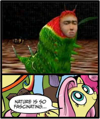 Size: 397x473 | Tagged: caterpillar, derpibooru import, exploitable meme, fluttershy, meme, nature is so fascinating, obligatory pony, safe, seaman, the freelance astronauts