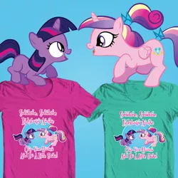 Size: 800x800 | Tagged: artist:christadoodles, clothes, derpibooru import, female, filly, filly twilight sparkle, princess cadance, safe, shirt, sunshine sunshine, t-shirt, twilight sparkle, younger