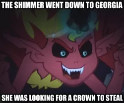 Size: 480x397 | Tagged: safe, derpibooru import, sunset shimmer, demon, equestria girls, equestria girls (movie), caption, charlie daniels band, dialogue, female, image macro, solo, song, song reference, sunset satan, text, the devil went down to georgia