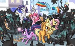 Size: 1500x917 | Tagged: safe, artist:johnjoseco, derpibooru import, applejack, fluttershy, pinkie pie, rainbow dash, rarity, twilight sparkle, changeling, earth pony, pegasus, pony, unicorn, ask gaming princess luna, a canterlot wedding, action pose, angry, bipedal, cute, diapinkes, female, fight, food, gritted teeth, happy, magic, mane six, mare, pie, scene interpretation, smiling, stare, unicorn twilight, xd, yay