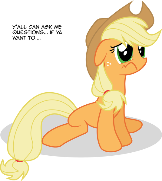 Size: 1280x1436 | Tagged: safe, derpibooru import, applejack, earth pony, pony, applejack's hat, ask, cowboy hat, depressed, female, hat, mare, sad, simple background, sitting, solo, tumblr, tumblr:ask depressed applejack, unhapplejack, vector, white background, y'all