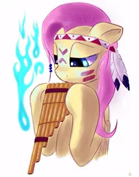 Size: 785x1000 | Tagged: artist:hieronymuswhite, derpibooru import, fire, fluttershy, fluttersquaw, indian, musical instrument, native american, pan flute, safe, solo