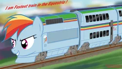 Size: 4000x2263 | Tagged: artist:orang111, derpibooru import, engrish, grin, high speed train, inanimate tf, railroad, rainbow dash, run, safe, smiling, solo, train, trainbow dash, trainified, train ponies, transformation, wat, what has science done