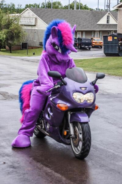 Size: 1276x1920 | Tagged: artist:judhudson, derpibooru import, fursuit, irl, motorcycle, photo, safe, twilight sparkle