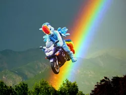 Size: 1000x750 | Tagged: artist:judhudson, derpibooru import, fursuit, irl, motorcycle, photo, rainbow, rainbow dash, safe