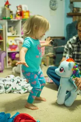 Size: 853x1280 | Tagged: barefoot, build-a-bear, child, derpibooru import, feet, human, irl, irl human, photo, plushie, rainbow dash, safe, target demographic