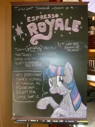 Size: 1800x2400 | Tagged: artist needed, cafe, chalk, chalkboard, coffee, derpibooru import, irl, photo, safe, sign, solo, twilight sparkle