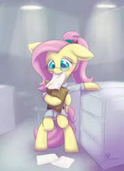 Size: 1450x2000 | Tagged: safe, artist:alasou, deleted from derpibooru, derpibooru import, fluttershy, pony, alternate hairstyle, bipedal, clothes, glasses, mouth hold, office, solo, working