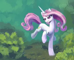 Size: 1600x1300 | Tagged: safe, artist:kp-shadowsquirrel, derpibooru import, fleur-de-lis, unicorn, bust, determined, dreamworks face, female, forest, green background, nature, painting, portrait, running, shrub, simple background, solo, tree, wallpaper