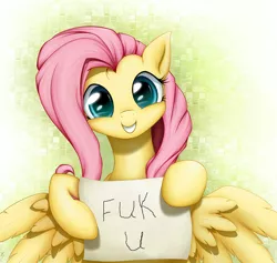 Size: 1600x1516 | Tagged: artist:xn-d, cute, derpibooru import, edit, exploitable, fluttershy, fuk, grin, looking at you, note, paper, safe, sign, smiling, solo, spread wings, squee, text, vulgar, wings
