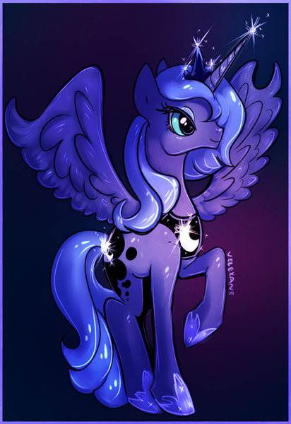 Size: 701x1022 | Tagged: artist:velexane, derpibooru import, princess luna, s1 luna, safe, smiling, solo, sparkles