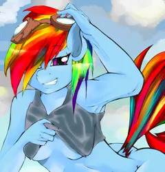 Size: 2235x2329 | Tagged: anthro, armpits, artist:violise, aviators, bottomless, breasts, clothes, derpibooru import, female, partial nudity, rainbow dash, solo, solo female, suggestive, tanktop, tumblr, underboob