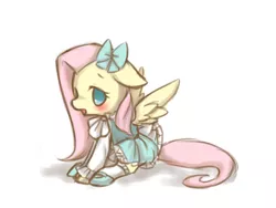 Size: 800x600 | Tagged: safe, artist:lovewolf5122, artist:wolfwings, derpibooru import, fluttershy, pegasus, pony, blushing, bow, clothes, cute, dress, female, floppy ears, hair bow, mare, no pupils, pixiv, shyabetes, simple background, sitting, solo, white background
