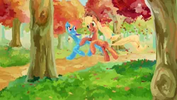 Size: 1920x1080 | Tagged: applejack, artist:my-magic-dream, autumn, derpibooru import, leaves, rainbow dash, running, running of the leaves, safe, tree