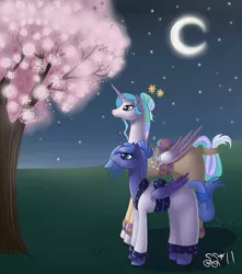 Size: 848x959 | Tagged: alternate hairstyle, artist:alipes, cherry blossoms, clothes, derpibooru import, flower, flower blossom, kimono (clothing), princess celestia, princess luna, s1 luna, safe