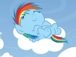 Size: 4000x3000 | Tagged: safe, artist:beavernator, derpibooru import, rainbow dash, pegasus, pony, baby, baby dash, baby pony, cloud, eyes closed, female, filly, foal, sky, sleeping, solo, younger