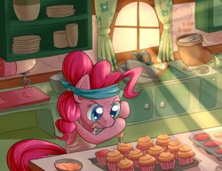 Size: 1100x850 | Tagged: apron, artist:paradigmpizza, clothes, cooking, crepuscular rays, derpibooru import, food, frosting, kitchen, pinkie pie, safe, solo, sugarcube corner