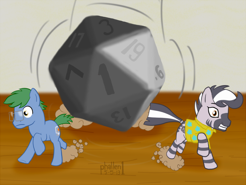 Size: 903x680 | Tagged: safe, artist:phallen1, derpibooru import, oc, oc:fetchbeer, oc:software patch, unofficial characters only, earth pony, pony, zebra, clothes, d20, dice, dungeons and dragons, duo, figurine, gaming miniature, glasses, male, miniature, pen and paper rpg, rpg, shirt, stallion