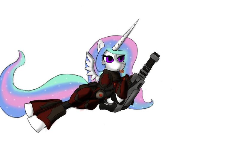 Size: 1023x614 | Tagged: artist:undeadscorpiondraws, derpibooru import, planetside, princess celestia, princess molestia, safe, solo, terran republic, trbait, weapon