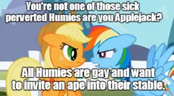 Size: 969x533 | Tagged: applejack, caption, derpibooru import, hater, human, human fetish, humie, image macro, low quality, my little human, prejudice, rainbow dash, suggestive, text