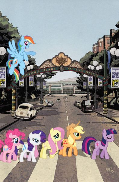 Size: 659x1000 | Tagged: abbey road, applejack, artist:tonyfleecs, cover, derpibooru import, fluttershy, idw, parody, pinkie pie, rainbow dash, rarity, safe, san diego comic con, twilight sparkle