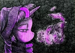 Size: 1898x1358 | Tagged: artist:smellslikebeer, beanie, bust, clothes, crosshatch, dark, derpibooru import, hat, ink, lidded eyes, looking down, monochrome, neo noir, partial color, portrait, profile, safe, scarf, solo, traditional art, twilight sparkle