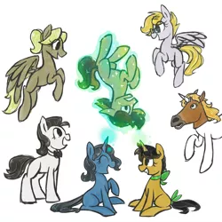 Size: 1000x1000 | Tagged: safe, artist:radioactive-k, derpibooru import, oc, unofficial characters only, earth pony, pegasus, pony, unicorn, askshramper, bowtie, braymounth, demibank, glasses, hoers mask, horse head, magic, mask, rule 63