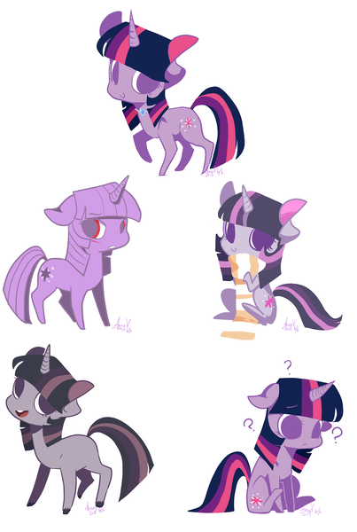 Size: 1280x1908 | Tagged: safe, artist:laceymod, derpibooru import, twilight sparkle, pony, unicorn, clothes, forgetful twilight, morning twilight sparkle, multeity, question mark, scarf, tumblr ponidox, unicorn twilight