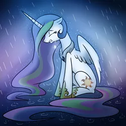 Size: 1000x1000 | Tagged: safe, artist:madmax, derpibooru import, princess celestia, alicorn, pony, crying, depressed, depressedia, rain, sad, solo